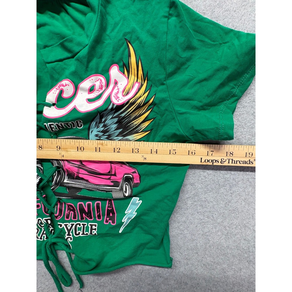 Jade Lee Green‎ Racer California Motorcycle Graphic Lace Up Crop Top Shirt Large - Picture 6 of 8